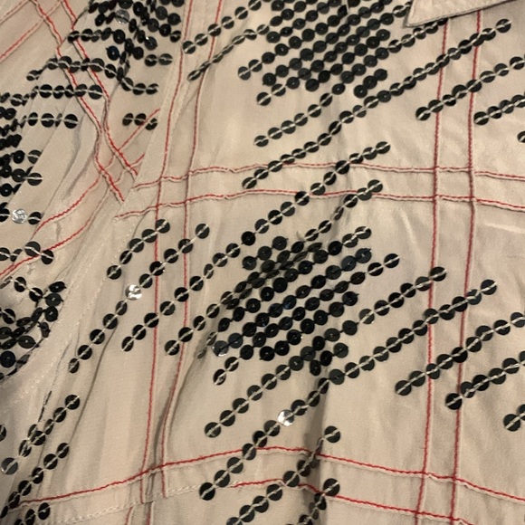 Vintage Cream Button Up Blouse with Red Grid + Black Sequin Pattern Size XL - Picture 2 of 8